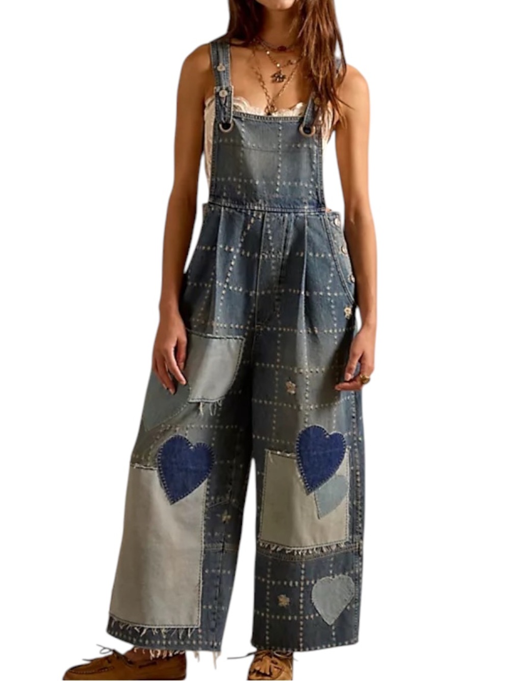 We The Free Free People Rambler Patchwork Overalls Follow Your Heart XL NWT - Picture 2 of 8
